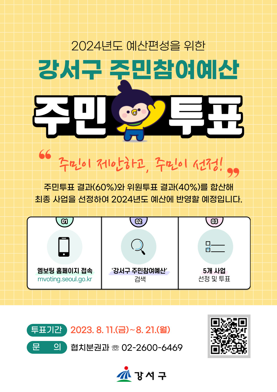 2024년도 예산편성을 위한
강서구 주민참여예산
주민 투표

"주민이 제안하고, 주민이 선정!"

주민투표 결과(60%)와 위원투표 결과(40%)를 합산해
최종 사업을 선정하여 2024년도 예산에 반영할 예정입니다.

01) 엠보팅 홈페이지 접속 : mvoting.seoul.go.kr
02) '강서구 주민참여예산' 검색
03) 5개 사업 선정 및 투표

투표기간 | 2023.8.11.(금) ~ 8.21.(월)
문의 | 협치분권과 : 02-2600-6469

강서구