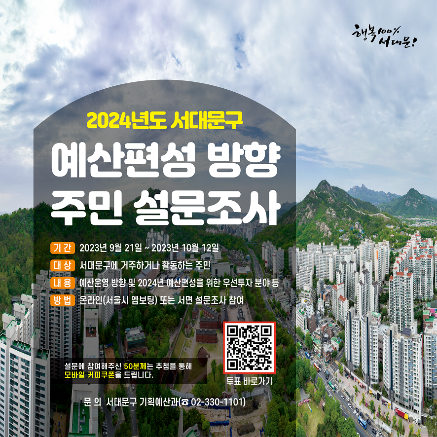 2024년도 서대문구
예산편성 방향
주민 설문조사

기간 2023년 9월 21일 ~ 2023년 10월 12일
대상 서대문구에 거주하거나 활동하는 주민
내용 : 예산운영 방향 및 2024년 예산편성을 위한 우선투자 분야 등
방법 : 온라인(서울시 엠보팅) 또는 서면 설문조사 참여

설문에 참여해주신 50분께는 추첨을 통해 모바일 커피쿠폰을 드립니다.
(투표 바로가기 QR 이미지)

문의 : 서대문구 기획예산과(02-330-1101)