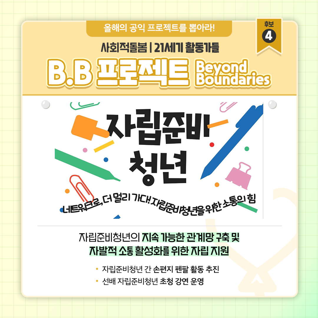 [Beyond Boundaries 프로젝트] 자립준비청년의 지속 가능한 관계망 구축 및 자발적 소통 활성화를 위한 자립 지원