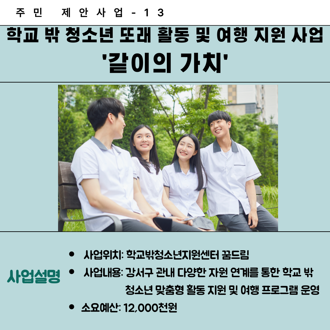 13. 학교 밖 청소년 또래 활동 및 여행 지원 사업 '같이의 가치'