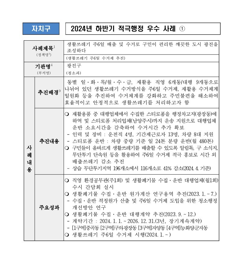 1. 생활쓰레기 주6일 배출 및 수거로 구민이 편리한 깨끗한 도시 광진을 조성하다