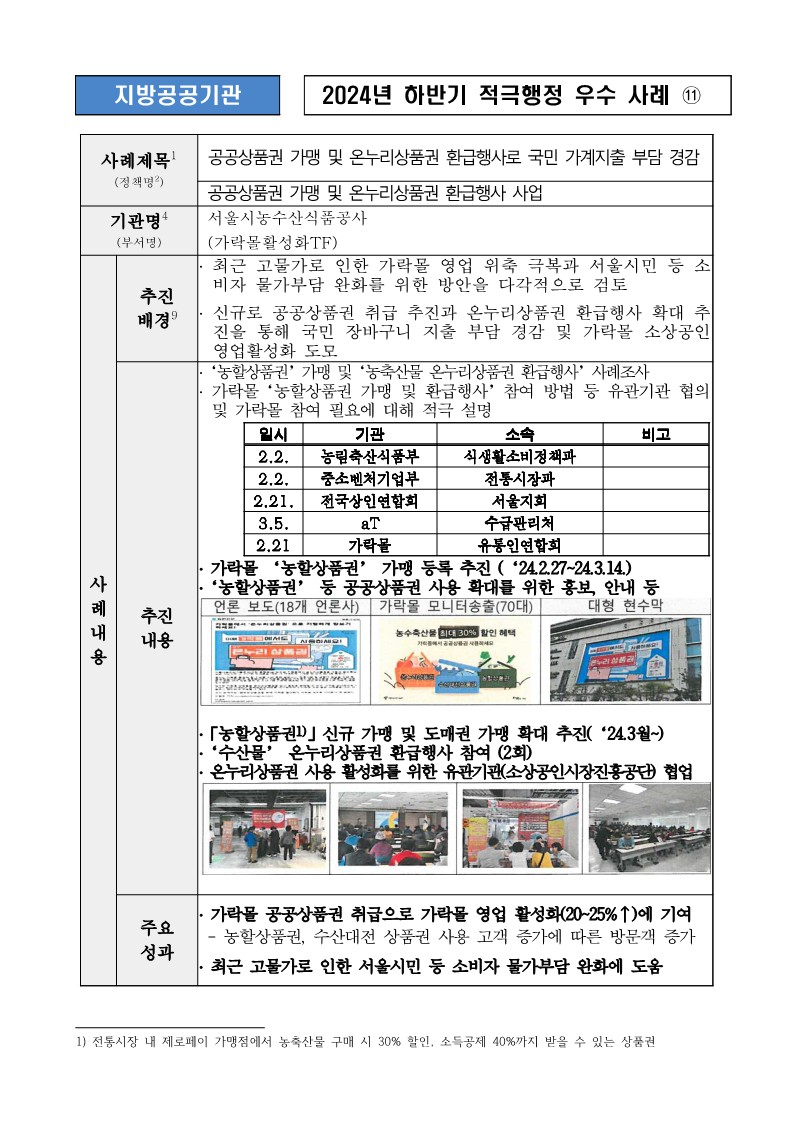 11. 공공상품권 가맹 및 온누리상품권 환급행사로 국민 가계지출 부담 경감