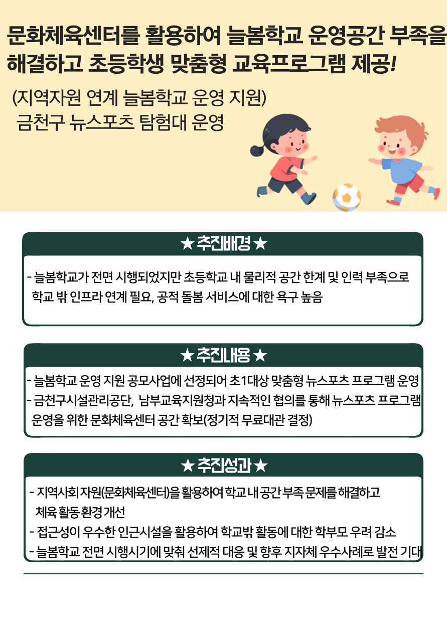 문화체육센터를 활용하여 늘봄학교 운영공간 부족을 해결하고 초등학생 맞춤형 교육프로그램 제공!(지역자원 연계 늘봄학교 운영지원-금천구 뉴스포트 탐험대 운영)