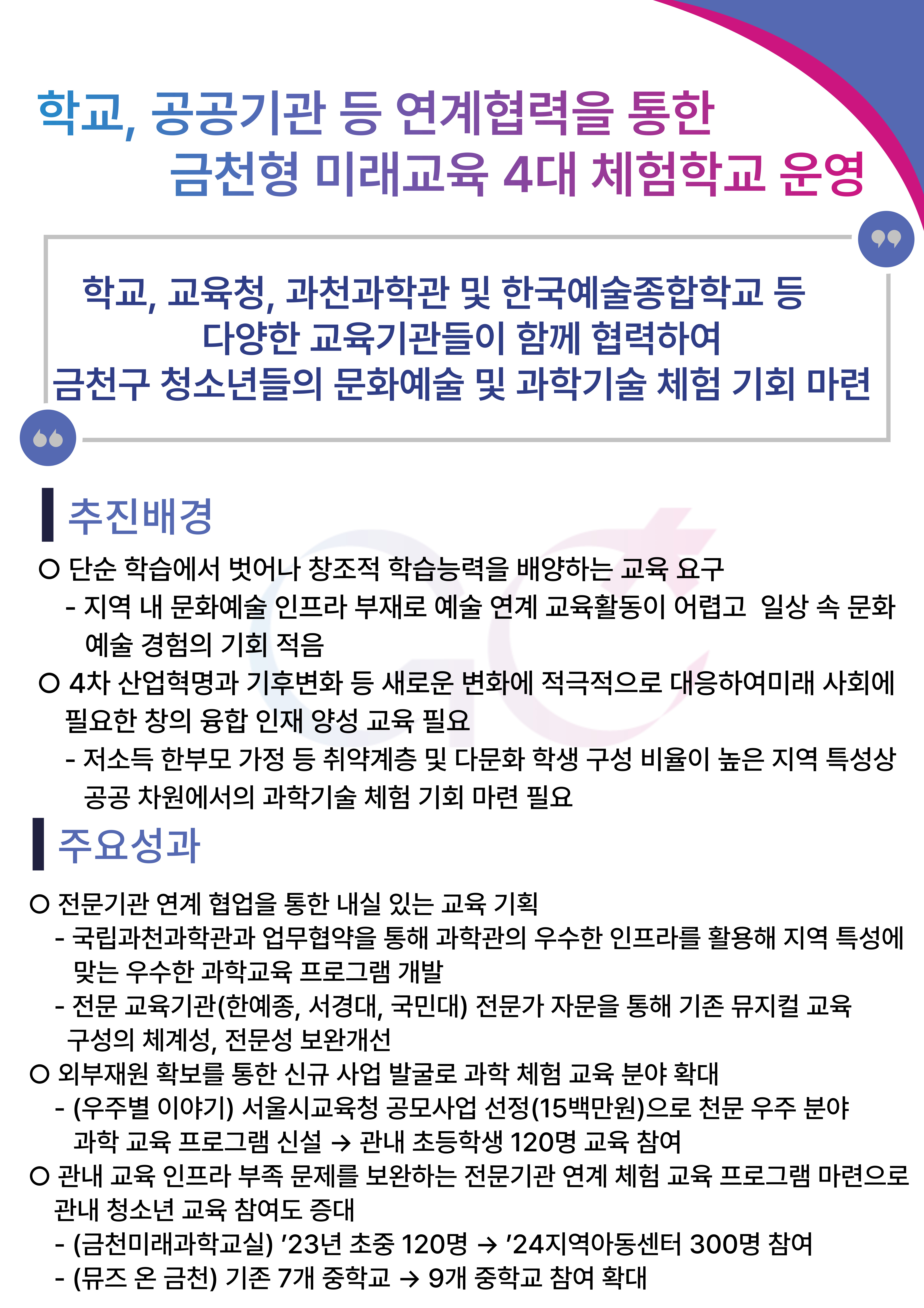 학교, 공공기관 등 연계협력을 통한 금천형 미래교육 4대 체험학교 운영