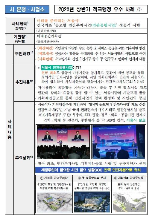 5. 미래를 준비하는 서울시!  전국최초 ‘공모형 민간투자사업(민관동행사업)’ 성공적 시행 (민관동행사업)