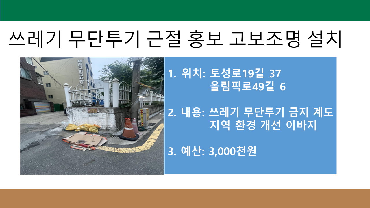쓰레기 무단투기 근절 홍보 고보조명 설치