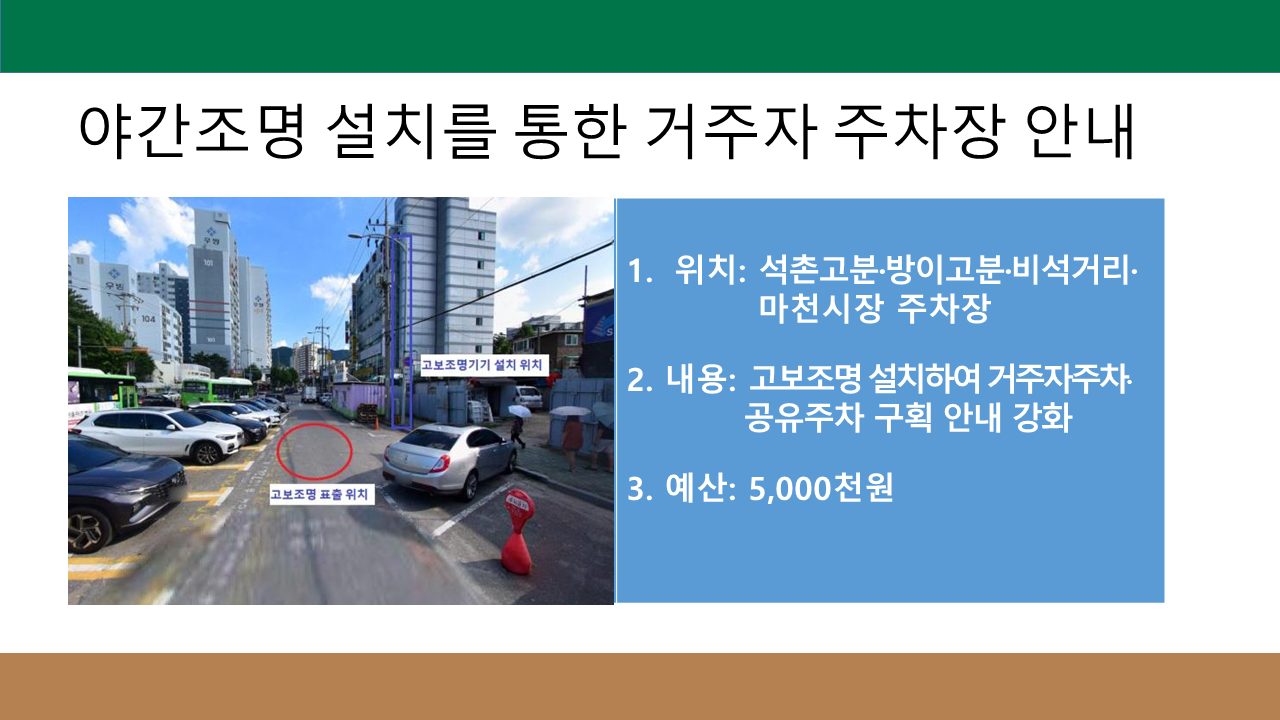 야간조명 설치를 통한 거주자 주차장 안내