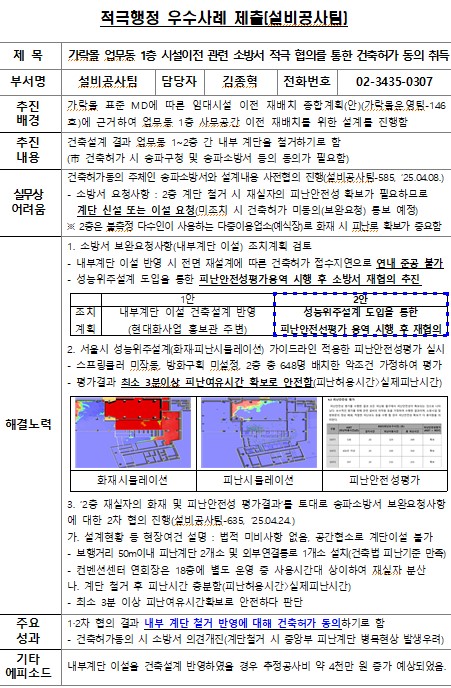 가락몰 업무동 1층 시설이전 관련 소방서 적극 협의를 통한 건축허가 동의 취득