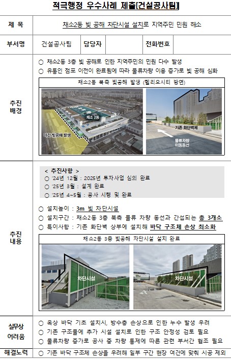 채소2동 빛 공해 차단시설 설치로 지역주민 민원 해소