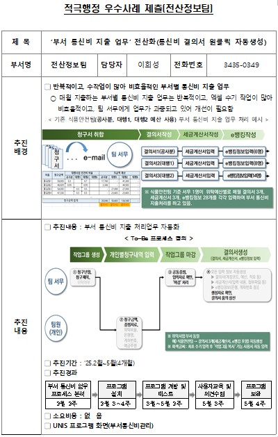 부서 통신비 지출 업무’ 전산화(통신비 결의서 원클릭 자동생성)