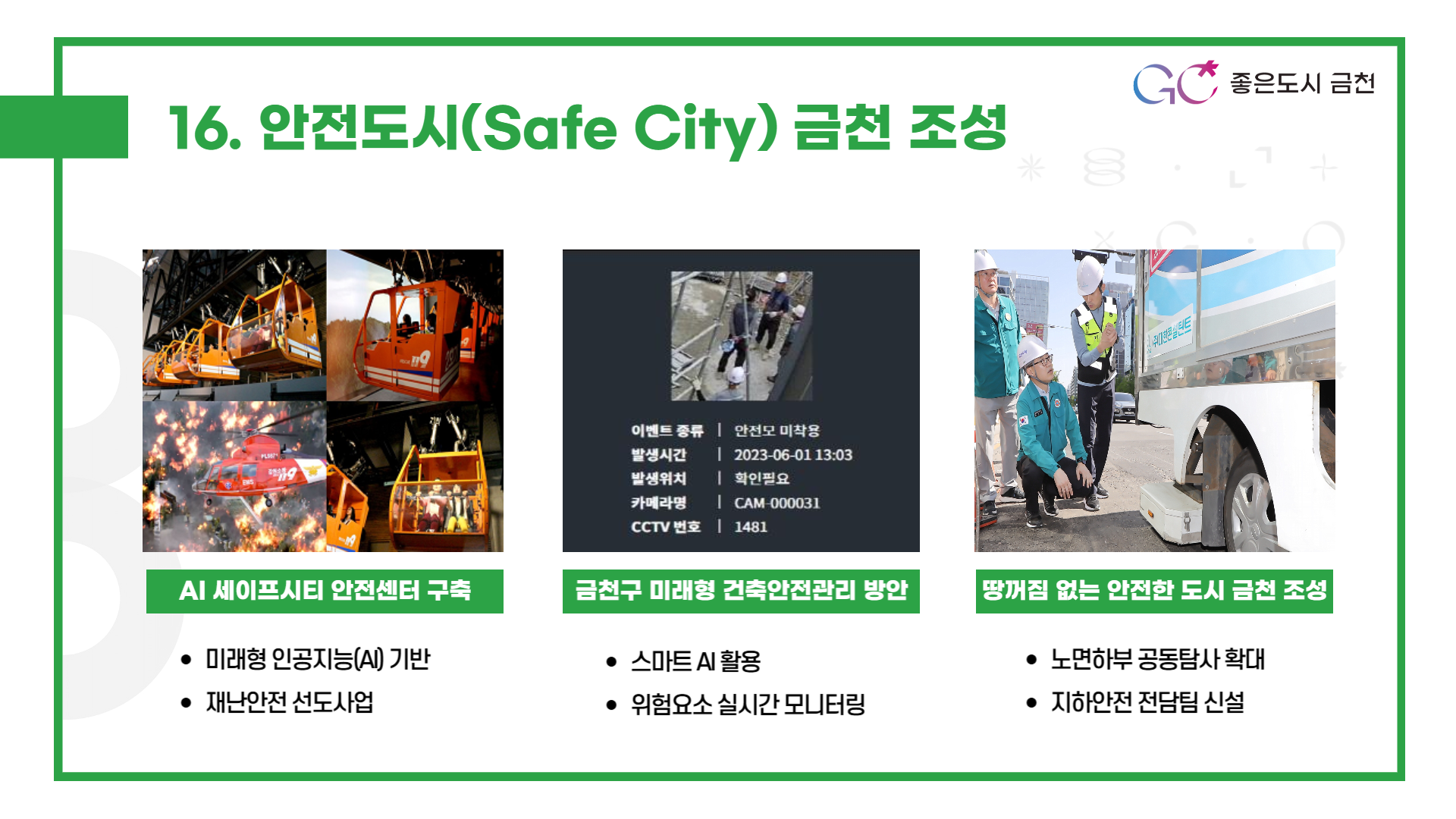 안전도시[Safe City] 금천 조성 (인공지능(AI) 기반 안전관리시스템 마련으로 365일 안전도시 유지)