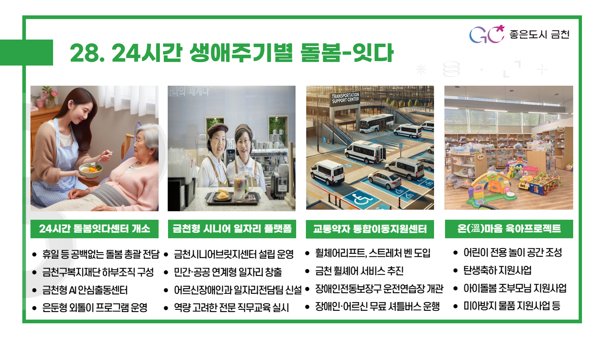 24시간 생애주기별 돌봄-잇다 (휴일없는 돌봄센터, 시니어일자리 플랫폼, 교통약자 통합이동지원, 육아프로젝트 등 금천에서 누구나 누리는 돌봄복지체계 확립) 확립)