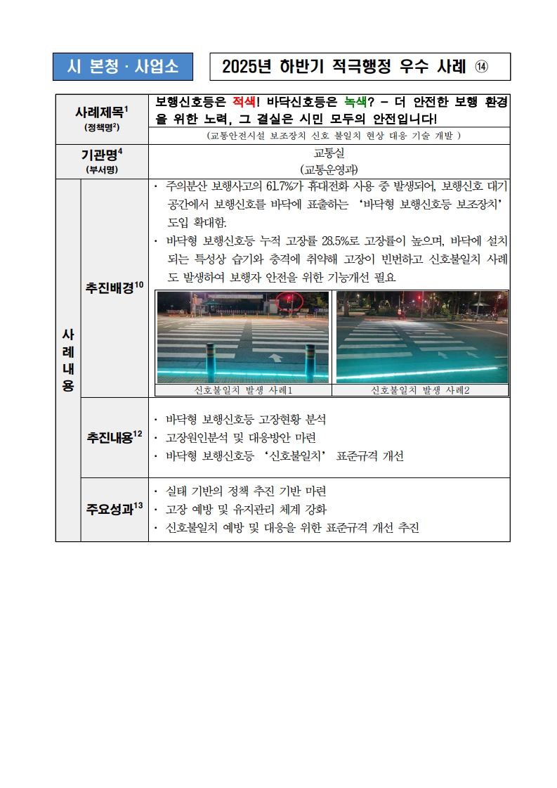 14. 보행신호등은 적색! 바닥신호등은 녹색? - 더 안전한 보행 환경을 위한 노력, 그 결실은 시민 모두의 안전입니다! (교통안전시설 보조장치 신호 불일치 현상 대응 기술 개발)