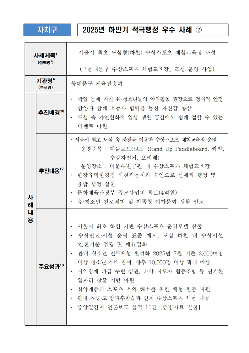 2. 서울시 최초 도심형(하천) 수상스포츠 체험교육장 조성 (동대문구 수상스포츠 체험교육장 조성 운영 사업)