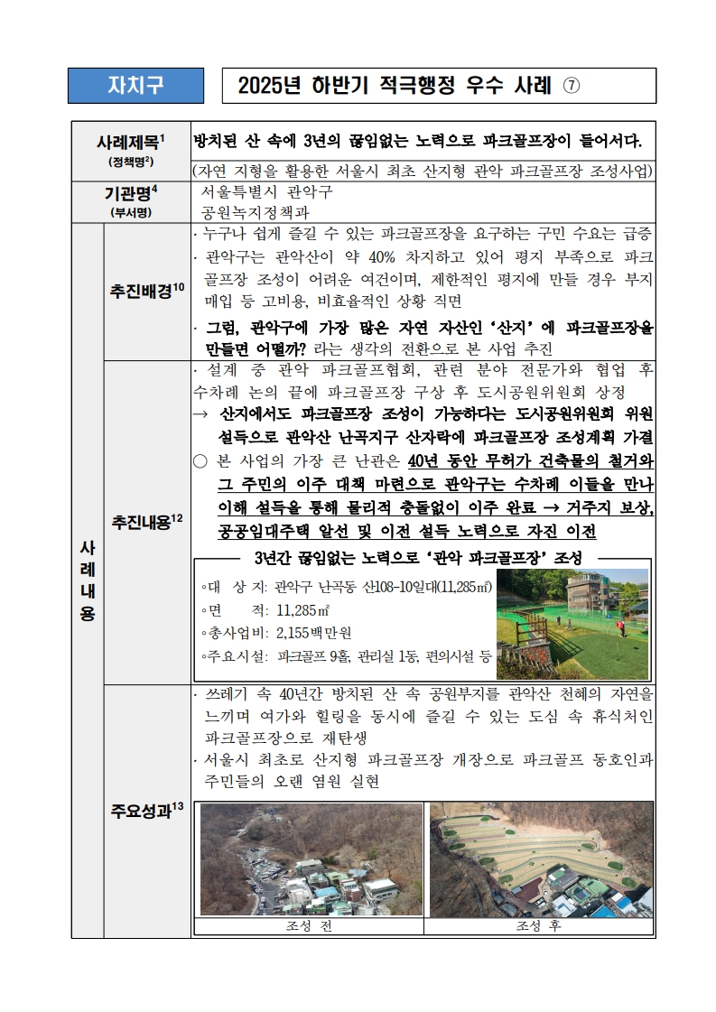 7. 방치된 산 속에 3년의 끊임없는 노력으로 파크골프장이 들어서다. (자연 지형을 활용한 서울시 최초 산지형 관악 파크골프장 조성사업)