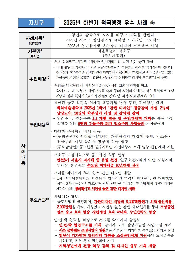 10. - 청년의 감각으로 도시를 바꾸고 지역을 살린다 -2025년 서초구 청년참여형 옥외광고 디자인 프로젝트 (2025년 청년참여형 옥외광고 디자인 프로젝트 사업)