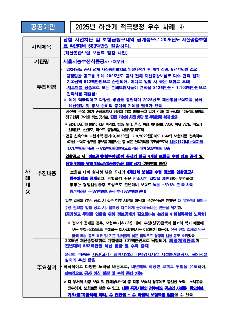 4. 담합 사전차단 및 보험금청구내역 공개등으로 2025년도 재산종합보험료 작년대비 583백만원 절감하다.  (재산종합보험 보험료 절감 사업)