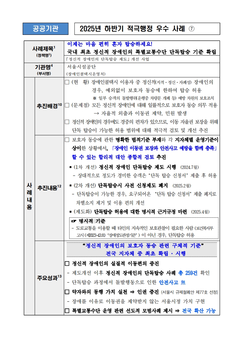 7. 이제는 마음 편히 혼자 탑승하세요!  국내 최초 정신적 장애인의 특별교통수단 단독탑승 기준 확립 (「정신적 장애인의 단독탑승 제도」 개선 사업)