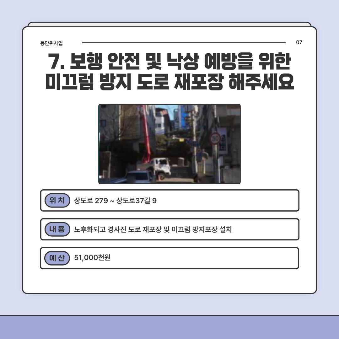 7. 보행 안전 및 낙상 예방을 위한 미끄럼 방지 도로 재포장 해주세요 [상도1동]