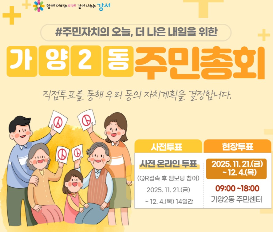 +
함께 더하는 미래 같이 나누는 강서
#주민자치의 오늘, 더 나은 내일을 위한
+
가양2동주민총회
직접투표를 통해 우리 동의 자치계획을 결정합니다.
사전투표
사전 온라인 투표
(QR접속 후 엠보팅 참여)
2025. 11. 21.(금)
- 12.4.(목) 14일간
현장투표
2025.11.21.(금) ~12.4.(목)
09:00~18:00
가양2동 주민센터
| 2026년 주민자치 활성화 사업 투표
사업명
디지털 소외계층을 위한 디지털 역량강화 사업
허준마을 소셜다이닝 『행복한 밥상』
주요내용
일상생활에서 스마트기기, 인터넷 활용 교육
가양2동 주민자원 발굴 및 재능기부를 통해 중장년 1인가구와 함께 요리하고 음식 나눔
소요예산 (예상액)
1,200천원
1,800천원
강서구 가양2동 주민자치회 |
02-2600-7794