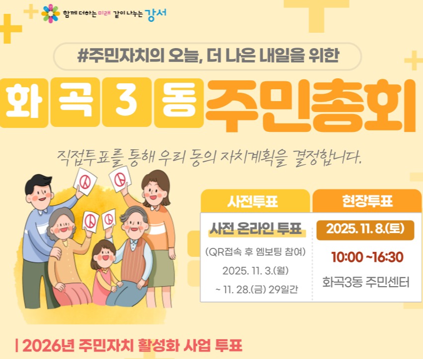 함께 더하는 미래 같이 나누는 강서
#주민자치의 오늘, 더 나은 내일을 위한
화곡3동주민총회
직접투표를 통해 우리 동의 자치계획을 결정합니다.
사전투표
사전 온라인 투표
(QR접속 후 엠보팅 참여) 2025. 11. 3.(월) ~ 11. 28.(금) 29일간
현장투표
2025.11.8.(토)
10:00~16:30
화곡3동 주민센터
| 2026년 주민자치 활성화 사업 투표