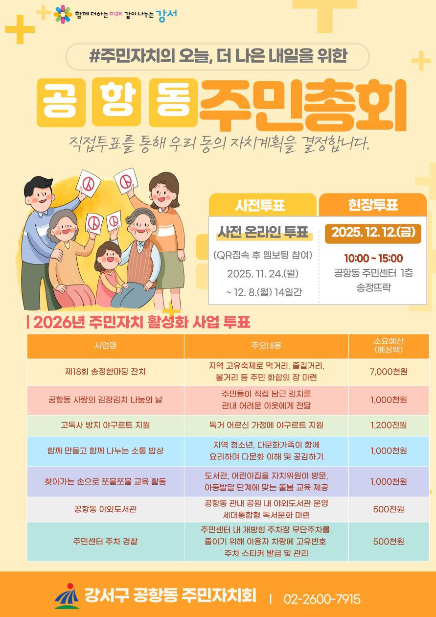 함께 더하는 미래 같이 나누는 강서
#주민자치의 오늘, 더 나은 내일을 위한
공항동주민총회
직접투표를 통해 우리 동의 자치계획을 결정합니다.
사전투표
사전 온라인 투표
(QR접속 후 엠보팅 참여) 2025. 11. 24.(월) ~12.8.(월) 14일간
현장투표
2025.12.12.(금)
10:00~15:00
공항동 주민센터 1층 송정뜨락
| 2026년 주민자치 활성화 사업 투표
사업명
주요내용
소요예산 (예상액)