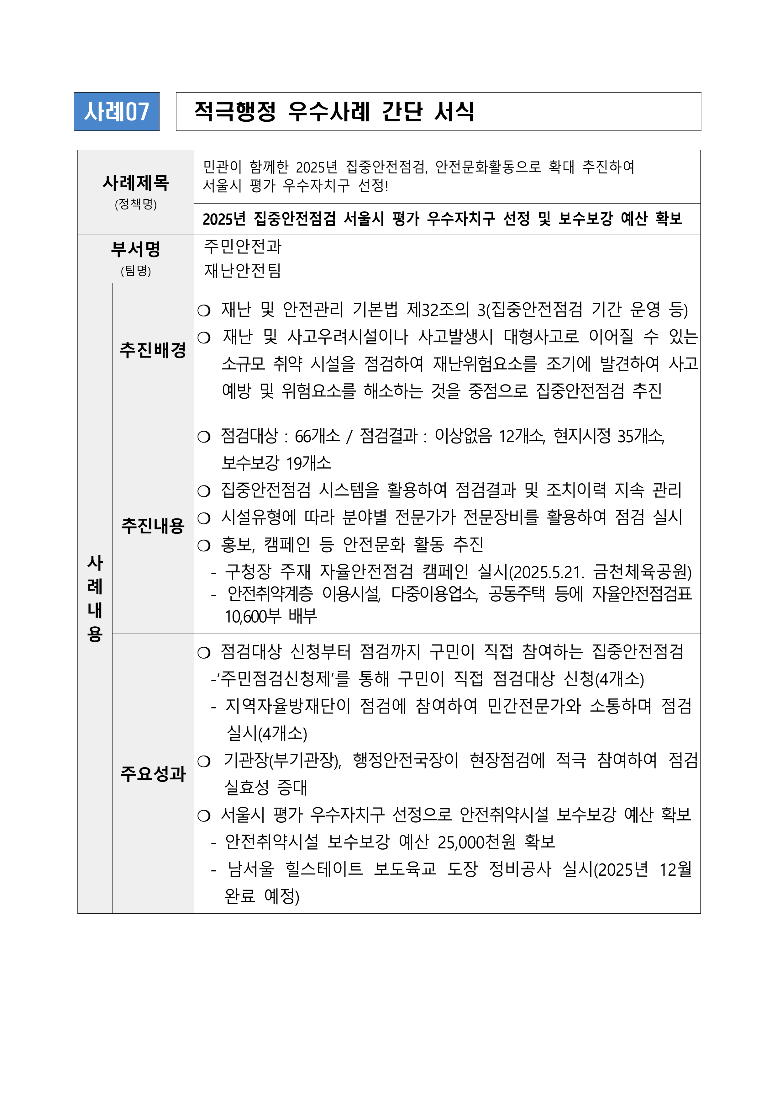 [주민안전과] 민관이 함께한 2025년 집중안전점검, 안전문화활동으로 확대 추진하여 서울시 평가 우수자치구 선정!(2025년 집중안전점검 서울시 평가 우수자치구 선정 및  보수보강 예산 확보)