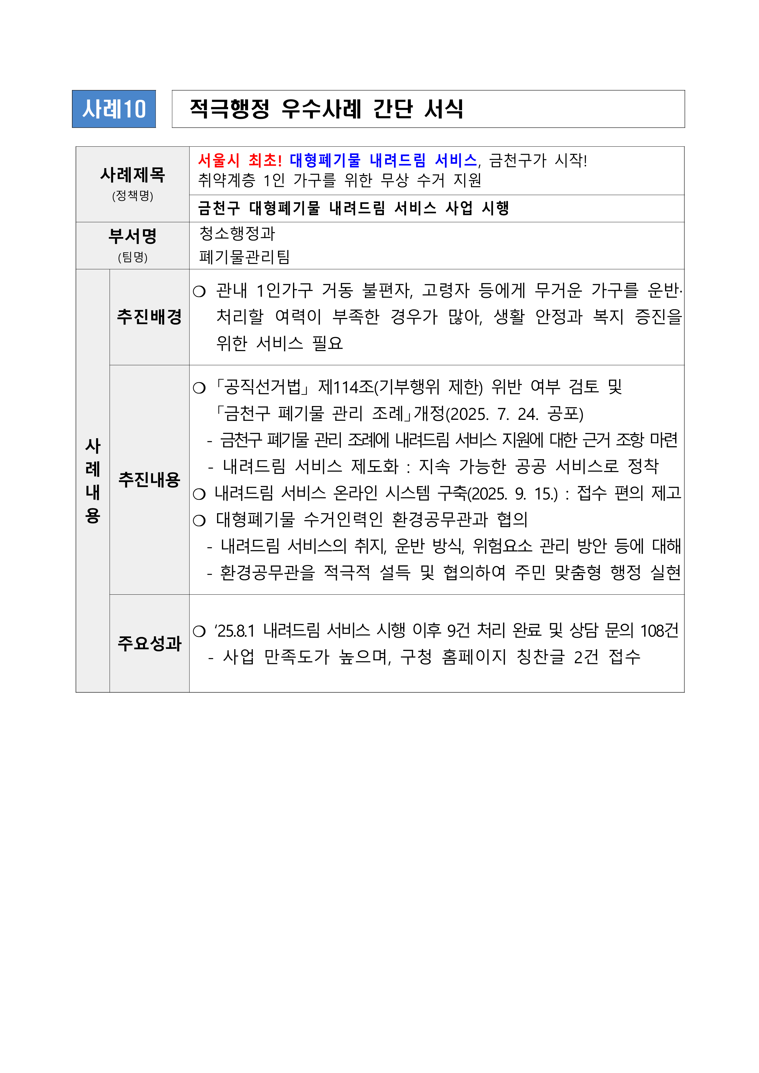 [청소행정과] 서울시 최초! 대형폐기물 내려드림 서비스, 금천구가 시작!  취약계층 1인 가구를 위한 무상 수거 지원 (금천구 대형폐기물 내려드림 서비스 사업 시행)