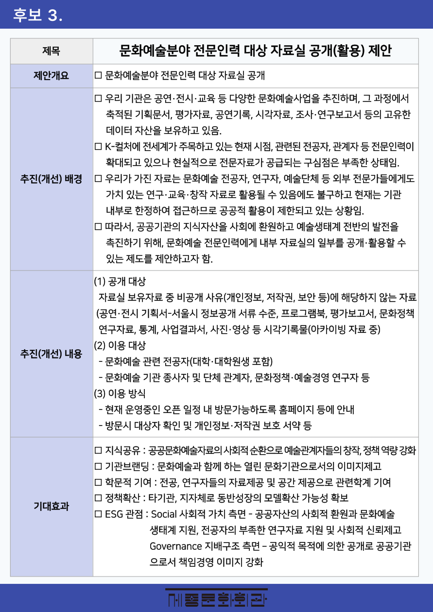 3. 문화예술분야 전문인력 대상 자료실 공개(활용) 제안