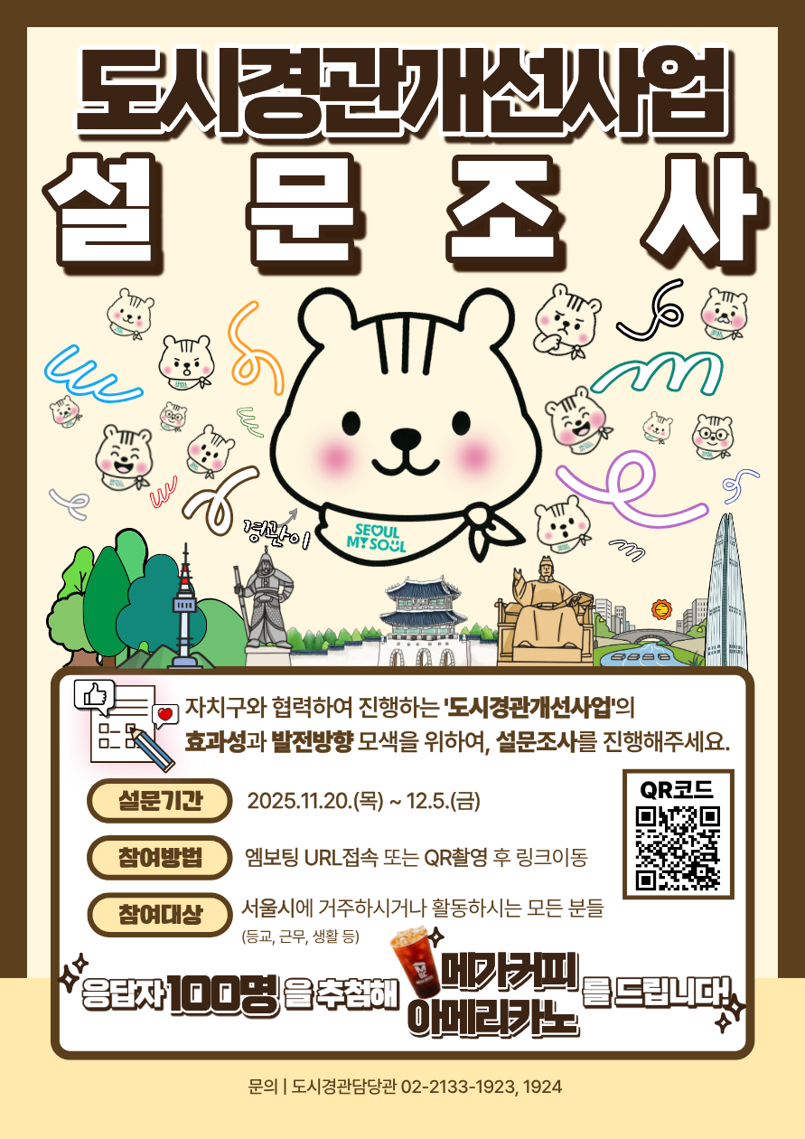 도시경관개선사업
설문조사
경관이
서울 마이 소울
자치구와 협력하여 진행하는 '도시경관개선사업'의
효과성과 발전방향 모색을 위하여, 설문조사를 진행해주세요.
설문기간
2025.11.20.(목) ~ 12.5.(금)
참여방법
엠보팅 URL접속 또는 QR촬영 후 링크이동
참여대상
서울시에 거주하시거나 활동하시는 모든 분들
(등교, 근무, 생활 등)
응답자
100명
을 추첨해
메가커피 아메리카노
문의 | 도시경관담당관 02-2133-1923, 1924
QR코드
드립니다! A