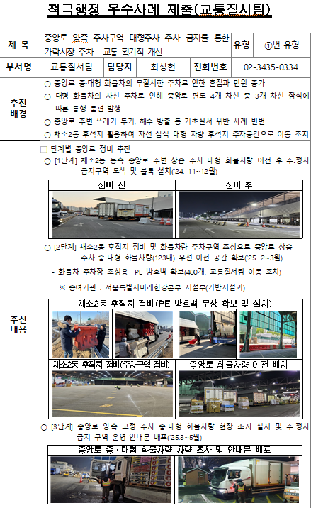 중앙로 양즉 주차구역 대형주차 주차 금지를 통한 가락시장 주차,교통 획기적 개선